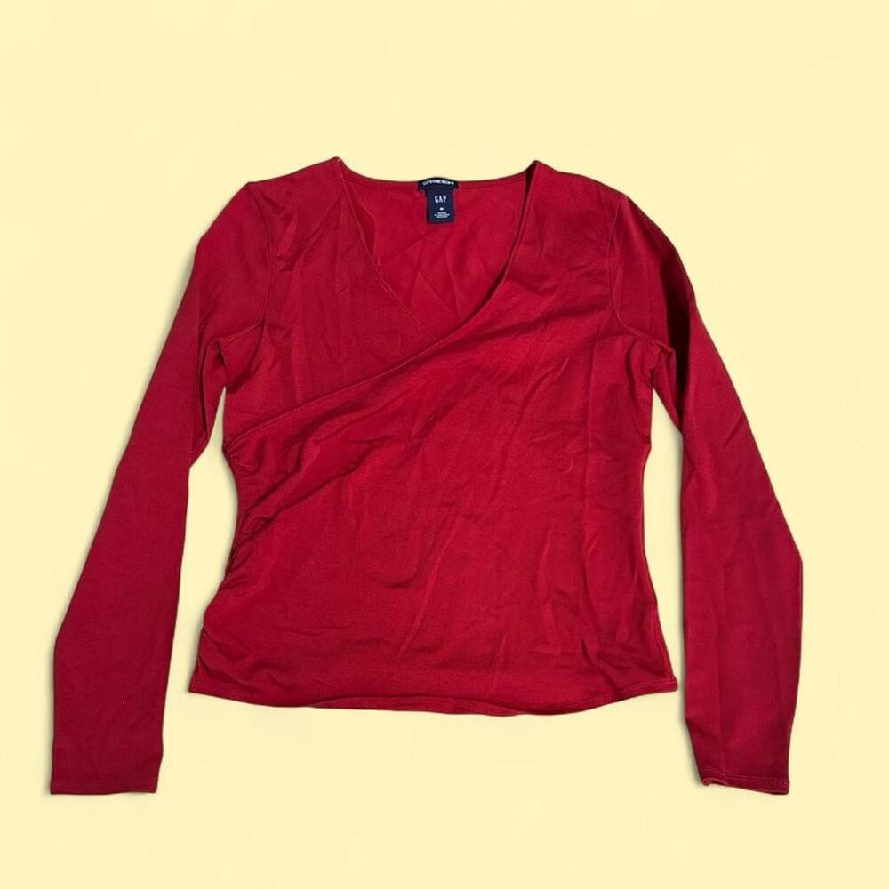 🍒 Y2K Cherry Red Gap Long Sleeve Wrap Top